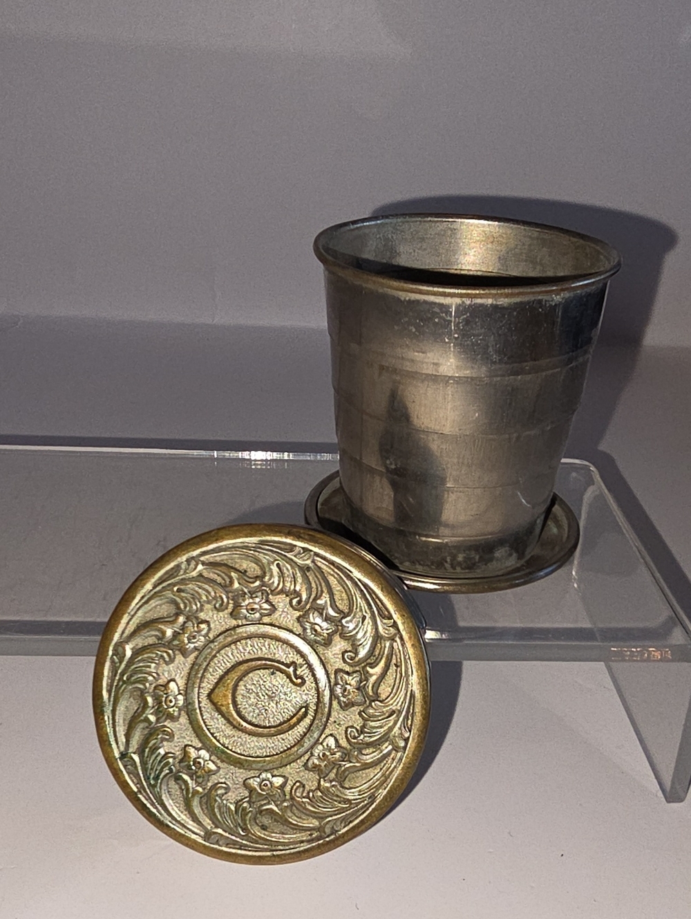Antique 1897 Collapsible Silver Plated Cup With Monogrammed "C" Lid Made In USA